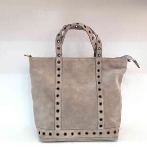 Petit sac cabas oeillets cuir daim taupe - Antonella